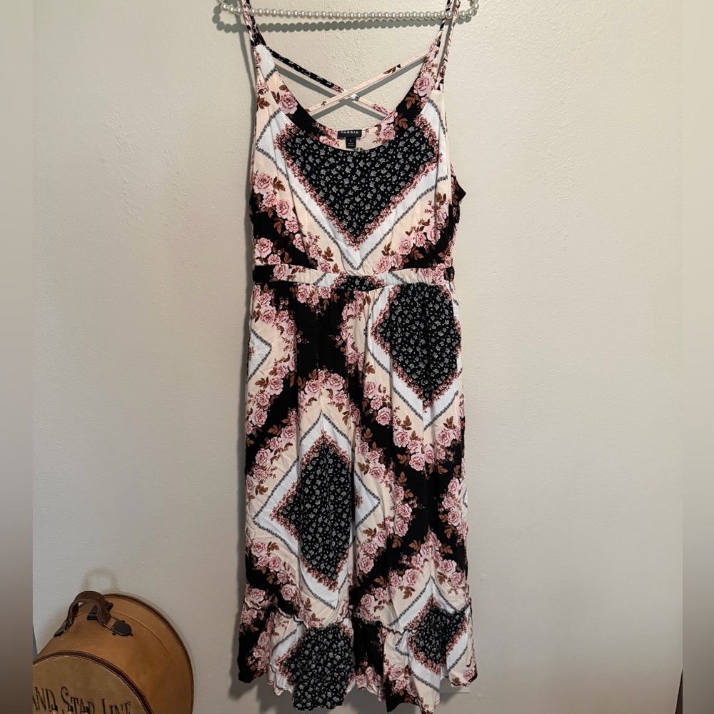 Torrid Black, Pink & Cream Floral Bandana Midi Dress